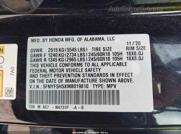 5FNYF5H5XMB019810 2021 HONDA PILOT Black Engine compartment view