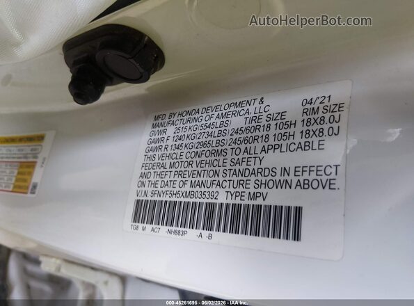 5FNYF5H5XMB035392 2021 HONDA PILOT White Engine compartment view