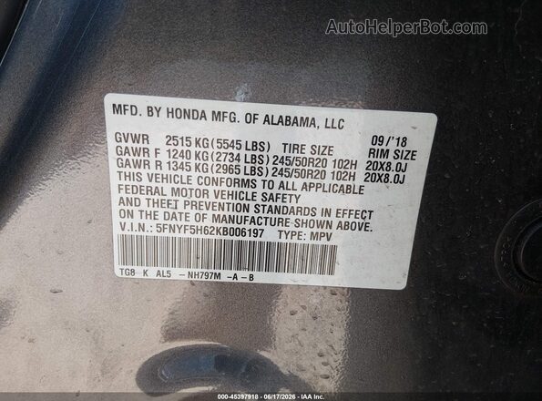 5FNYF5H62KB006197 2019 HONDA PILOT Blue ძრავის განყოფილების ხედი