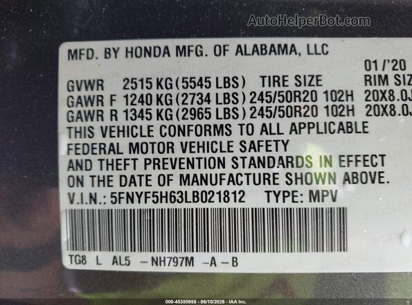 5FNYF5H63LB021812 2020 HONDA PILOT Silver ძრავის განყოფილების ხედი