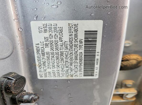 5FNYF5H63NB004334 2022 HONDA PILOT Silver VIN კოდის სტიკერის ხედი