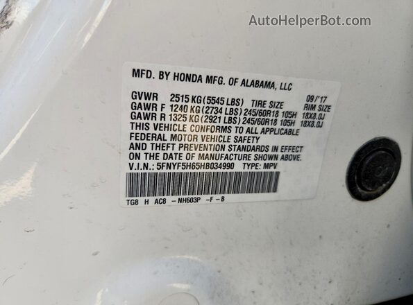 5FNYF5H65HB034990 2017 HONDA PILOT White 