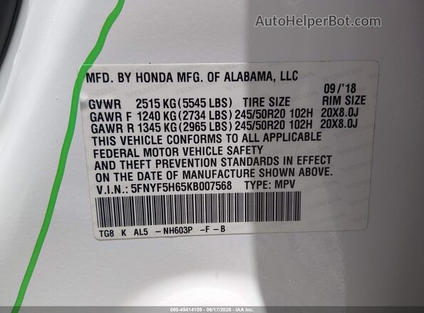 5FNYF5H65KB007568 2019 HONDA PILOT White Vista del compartimento del motor