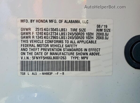 5FNYF5H66LB001263 2020 HONDA PILOT White 