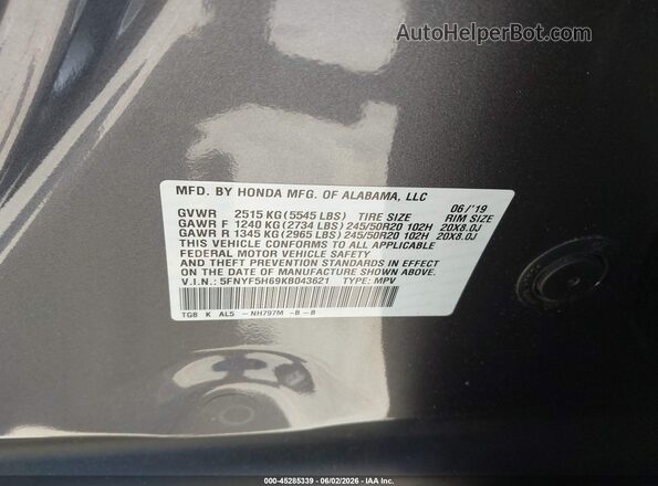 5FNYF5H69KB043621 2019 HONDA PILOT Серый Вид подкапотного пространства