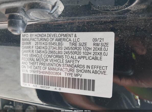 5FNYF5H69NB003804 2022 HONDA PILOT Black Vista del compartimento del motor