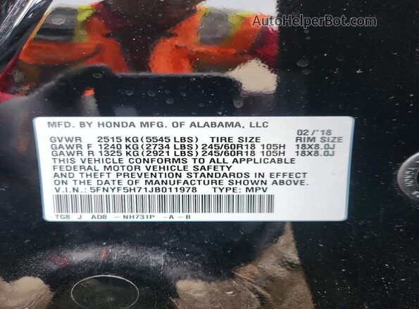 5FNYF5H71JB011978 2018 HONDA PILOT Черный Вид наклейки с VIN-кодом