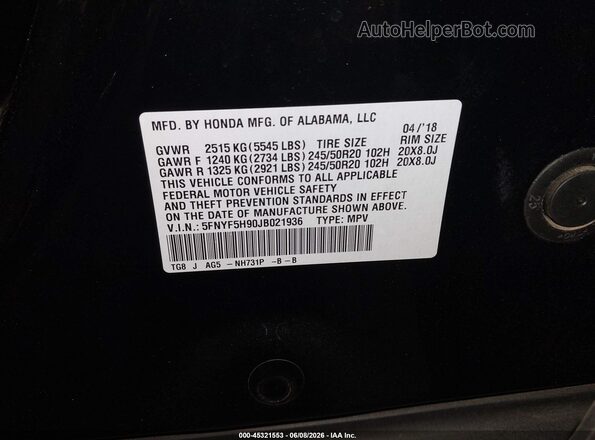 5FNYF5H90JB021936 2018 HONDA PILOT Black Շարժիչի բաժամունքի տեսք