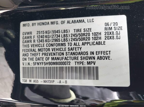 5FNYF5H90MB000072 2021 HONDA PILOT Черный Вид подкапотного пространства