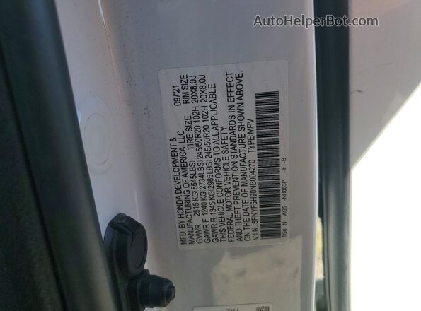 5FNYF5H90NB004270 2022 HONDA PILOT White VIN კოდის სტიკერის ხედი