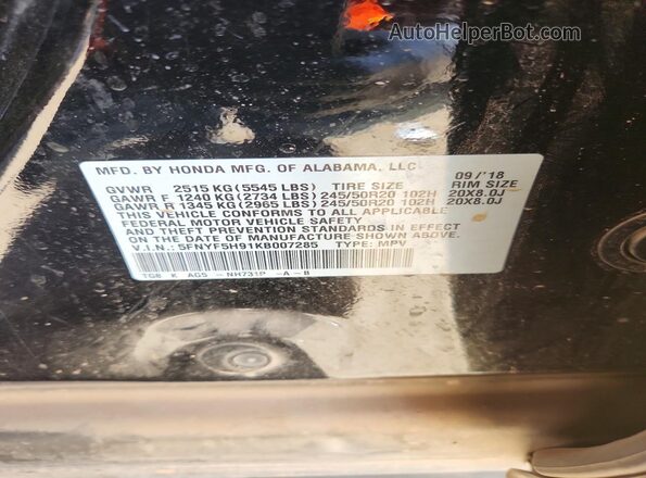 5FNYF5H91KB007285 2019 HONDA PILOT Black Вид наклейки з VIN-кодом