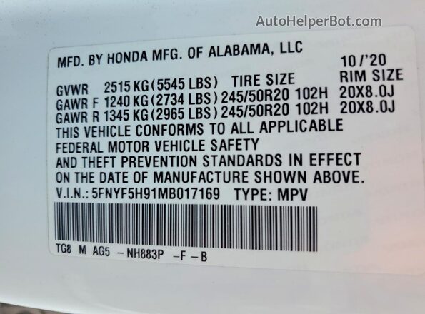 5FNYF5H91MB017169 2021 HONDA PILOT White 