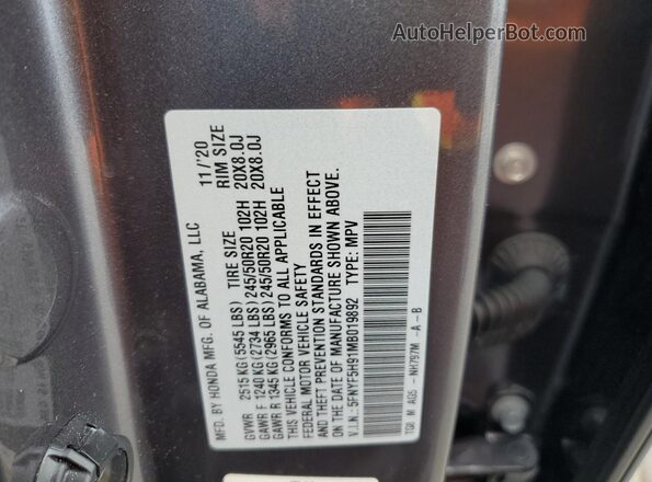 5FNYF5H91MB019892 2021 HONDA PILOT Gray 