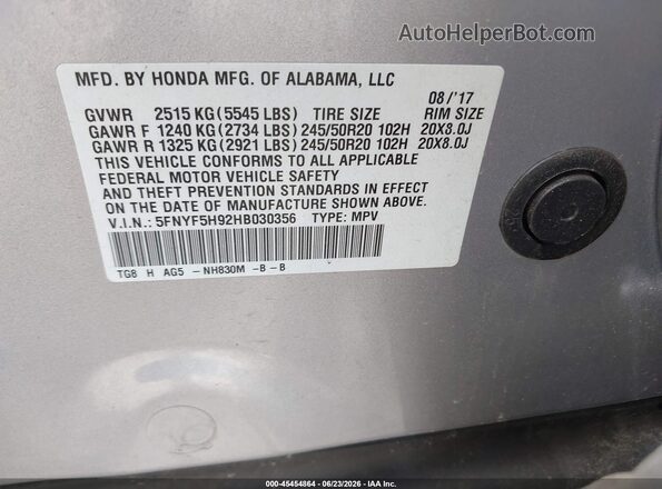 5FNYF5H92HB030356 2017 HONDA PILOT Silver Widok komory silnika