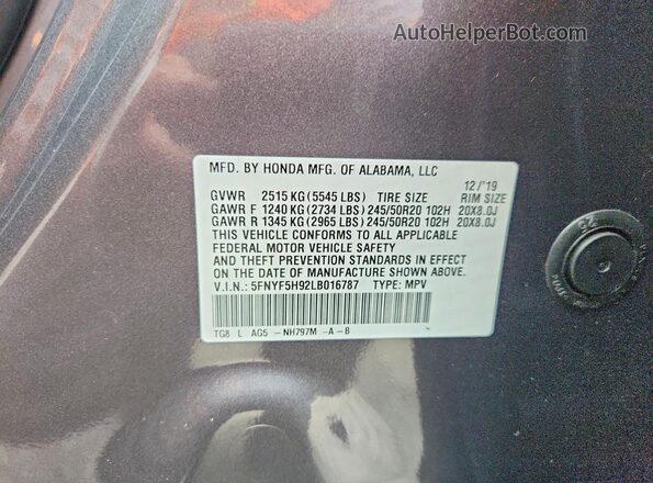5FNYF5H92LB016787 2020 HONDA PILOT Gray VIN կոդի պիտակի տեսք