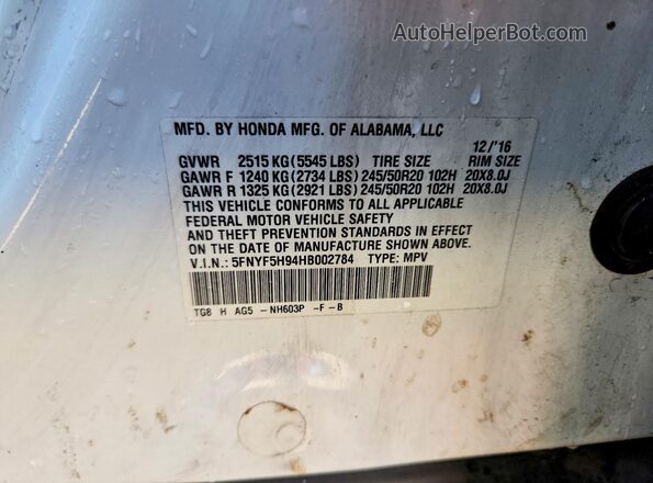 5FNYF5H94HB002784 2017 HONDA PILOT White Widok naklejki z numerem VIN