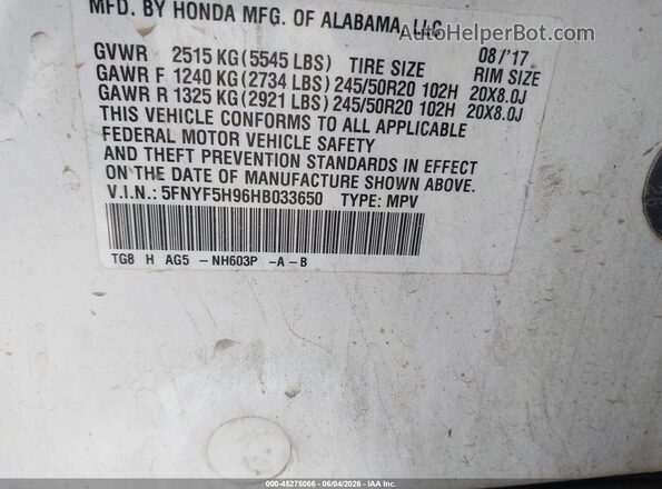 5FNYF5H96HB033650 2017 HONDA PILOT White Շարժիչի բաժամունքի տեսք