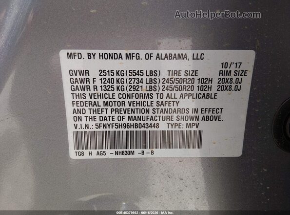 5FNYF5H96HB043448 2017 HONDA PILOT Gray Շարժիչի բաժամունքի տեսք