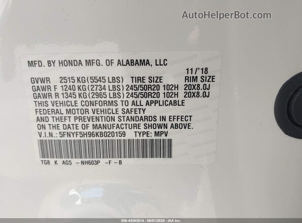 5FNYF5H96KB020159 2019 HONDA PILOT White Շարժիչի բաժամունքի տեսք