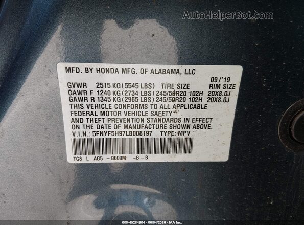 5FNYF5H97LB008197 2020 HONDA PILOT Blue Вид підкапотного простору