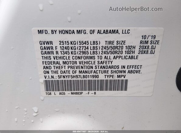 5FNYF5H97LB011990 2020 HONDA PILOT White Widok komory silnika