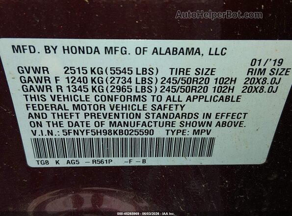5FNYF5H98KB025590 2019 HONDA PILOT Бордовый Вид подкапотного пространства