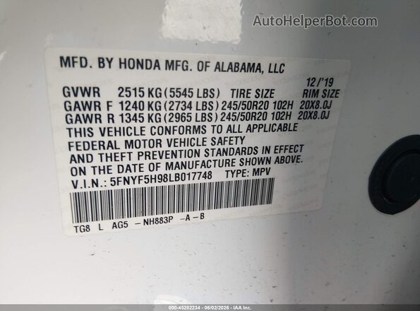 5FNYF5H98LB017748 2020 HONDA PILOT Белый Вид подкапотного пространства