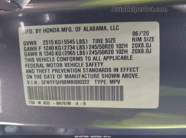 5FNYF5H98MB000322 2021 HONDA PILOT Gray Շարժիչի բաժամունքի տեսք