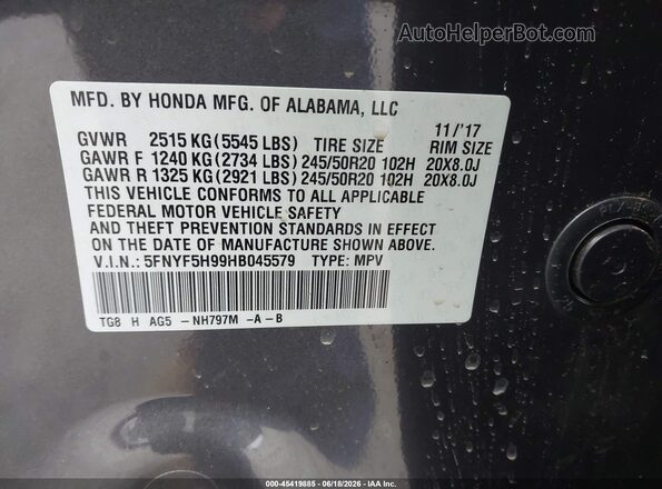 5FNYF5H99HB045579 2017 HONDA PILOT Gray Շարժիչի բաժամունքի տեսք