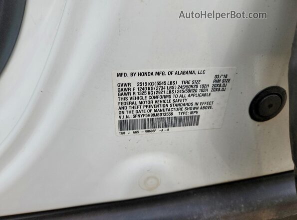 5FNYF5H99JB013558 2018 HONDA PILOT White Սալոնի 360 աստիճան տեսք