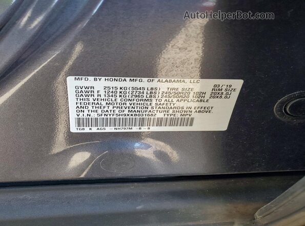 5FNYF5H9XKB031682 2019 HONDA PILOT Gray Widok komory silnika
