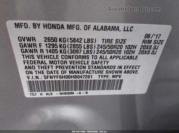 5FNYF6H00HB047261 2017 HONDA PILOT Silver 