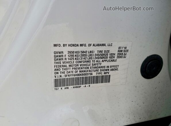 5FNYF6H00KB003736 2019 HONDA PILOT White 
