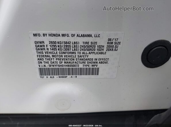 5FNYF6H01HB050072 2017 HONDA PILOT White Engine compartment view