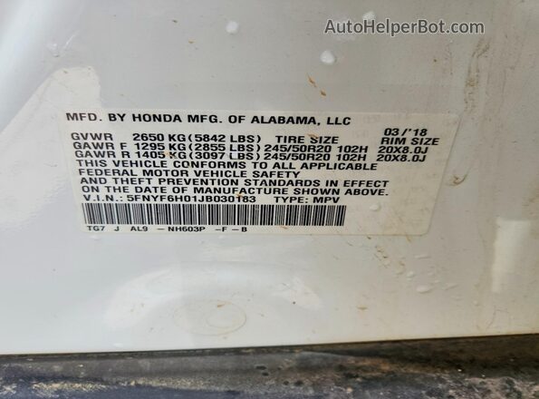 5FNYF6H01JB030183 2018 HONDA PILOT White 