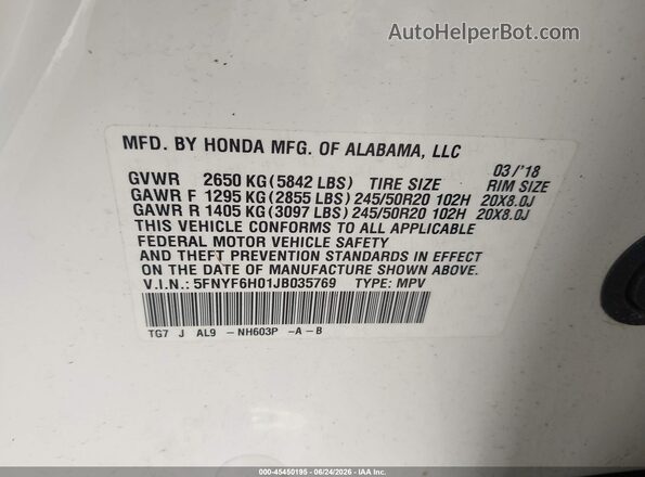 5FNYF6H01JB035769 2018 HONDA PILOT White Vista del compartimento del motor