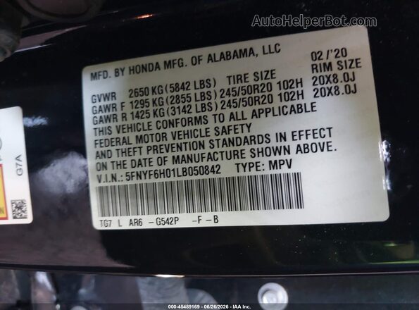 5FNYF6H01LB050842 2020 HONDA PILOT Green Engine compartment view