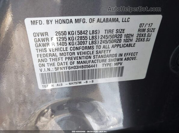 5FNYF6H03HB056441 2017 HONDA PILOT Gray Engine compartment view