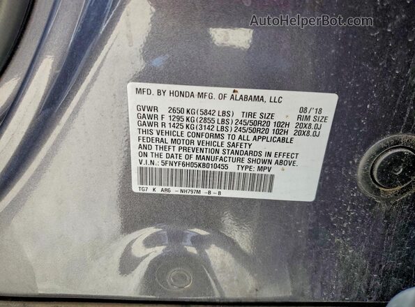 5FNYF6H05KB010455 2019 HONDA PILOT Gray 