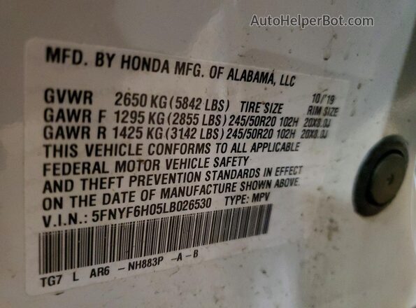 5FNYF6H05LB026530 2020 HONDA PILOT White VIN კოდის სტიკერის ხედი