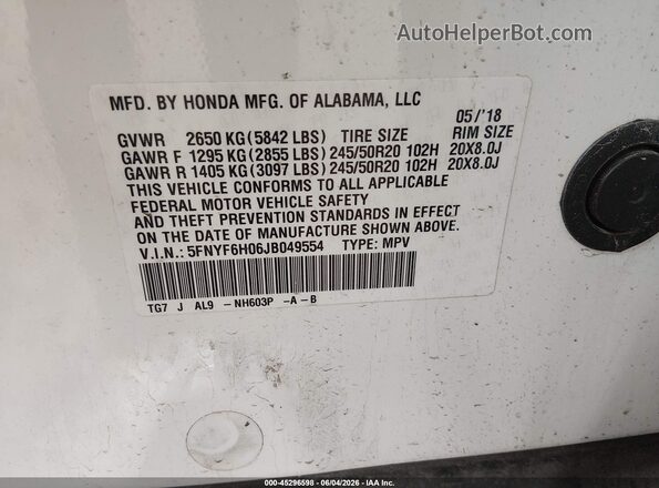 5FNYF6H06JB049554 2018 HONDA PILOT White ძრავის განყოფილების ხედი