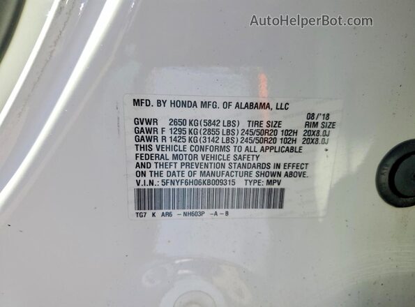 5FNYF6H06KB009315 2019 HONDA PILOT White 