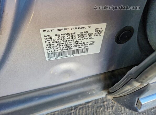 5FNYF6H06KB025451 2019 HONDA PILOT Silver VIN კოდის სტიკერის ხედი