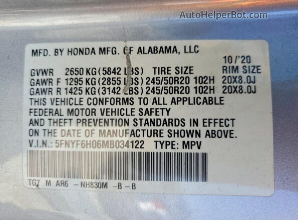 5FNYF6H06MB034122 2021 HONDA PILOT Silver Vista interior de 360 grados