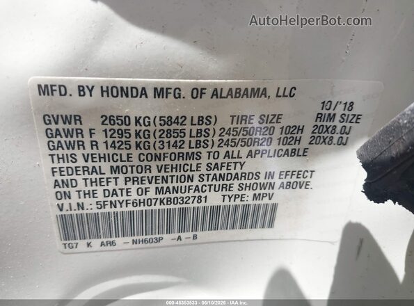 5FNYF6H07KB032781 2019 HONDA PILOT White Vista del compartimento del motor