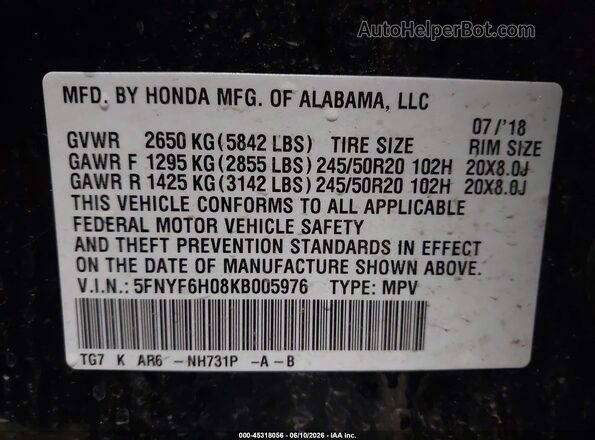 5FNYF6H08KB005976 2019 HONDA PILOT Black Вид підкапотного простору