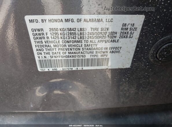 5FNYF6H08KB015763 2019 HONDA PILOT Gray Engine compartment view