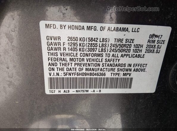 5FNYF6H09HB046366 2017 HONDA PILOT Серый Вид подкапотного пространства