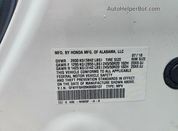 5FNYF6H09KB000107 2019 HONDA PILOT White VIN კოდის სტიკერის ხედი