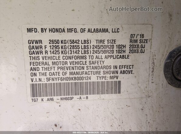 5FNYF6H09KB000124 2019 HONDA PILOT Белый Вид подкапотного пространства